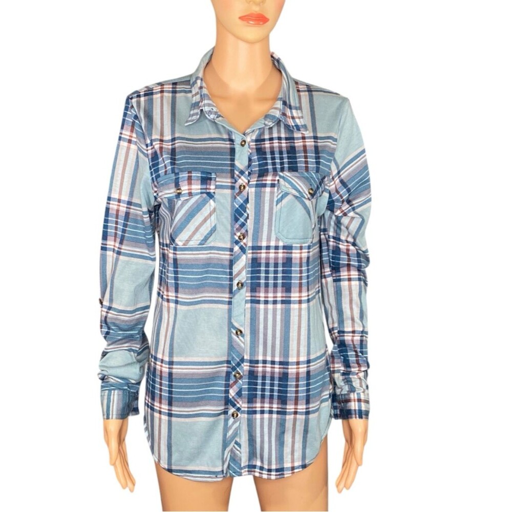 Day Trip Flannel Button Down Convertible button Sleeve Tabs Pool Blue Plum SZ Lg